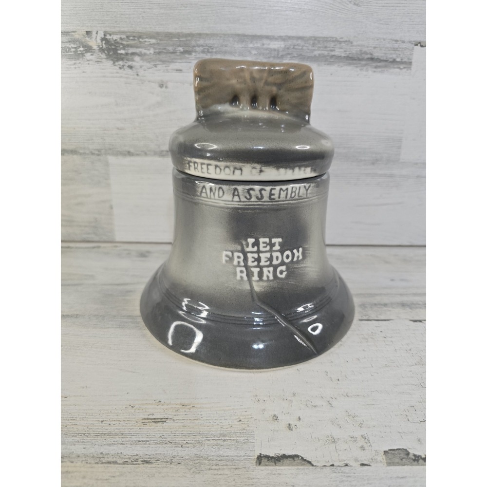 Vintage House of Webster Liberty Bell Ceramic Cookie‎ Jar Canister Gray Texas